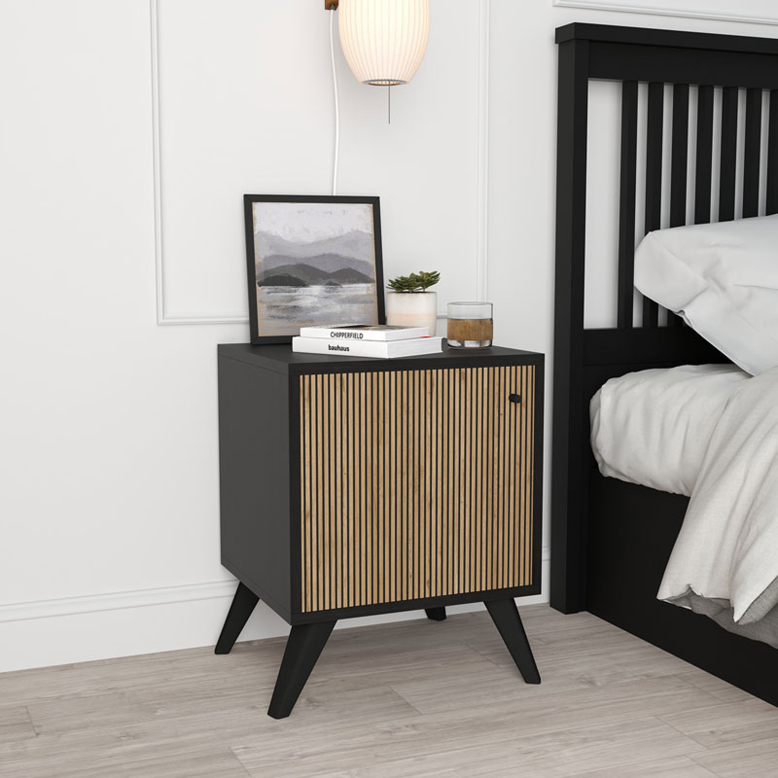 Bedside Flipter Pakoworld Melamine Oak Black X X Cm