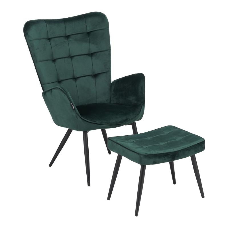 Πολυθρόνα Maddison με υποπόδιο-μαξιλάρι pakoworld σκούρο πράσινο βελούδο-πόδι φυσικό 68x72x98εκ