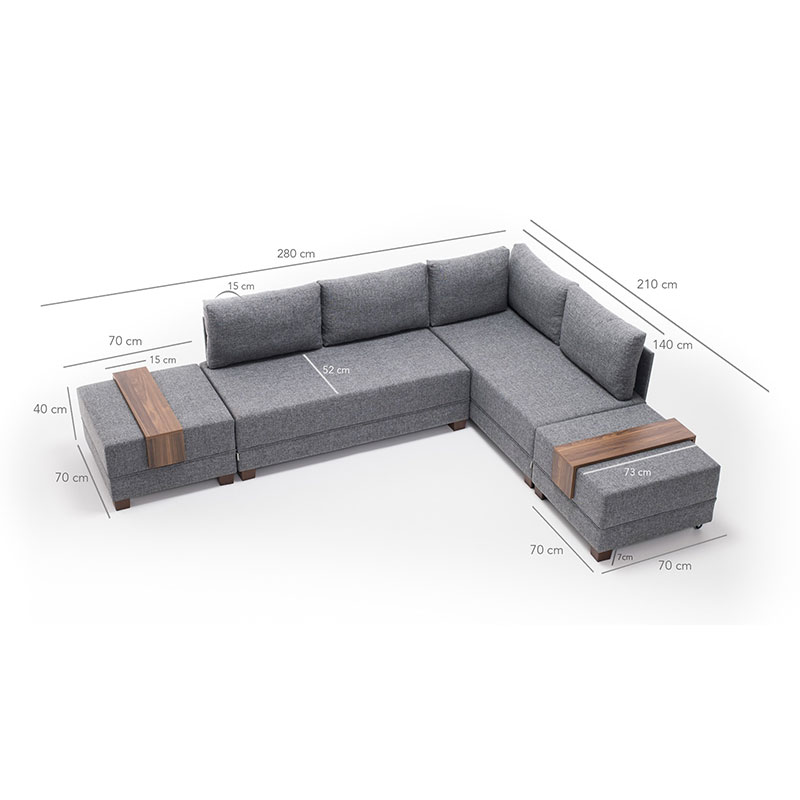 Corner sofa-bed PWF-0155 right corner fabric in dark grey 210x280cm