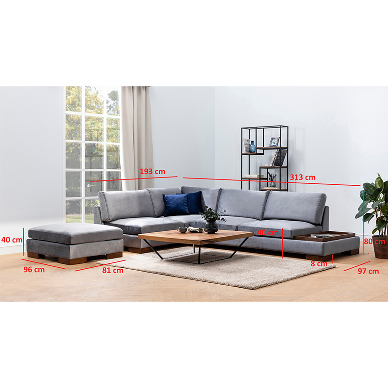 Corner sofa PWF-0520 pakoworld right corner velvet gray-walnut 313x193x80cm