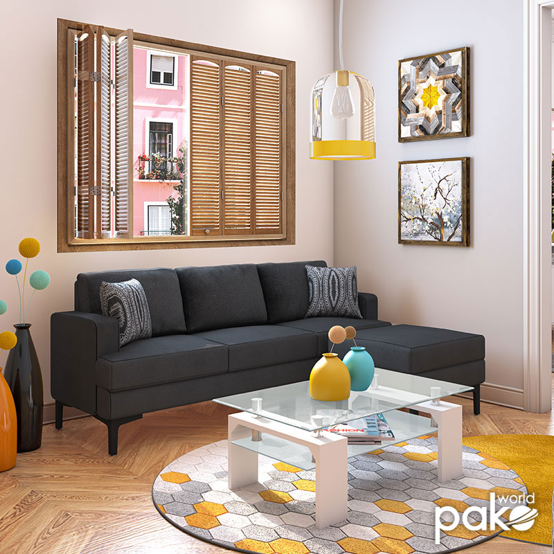 Corner sofa with dark grey Slim pakoworld fabric and two pillows 185x140x70cm