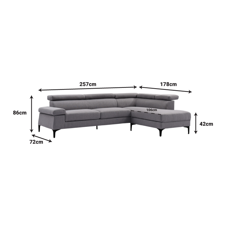 Right corner sofa Gracious pakoworld dark grey fabric 257x178x86cm