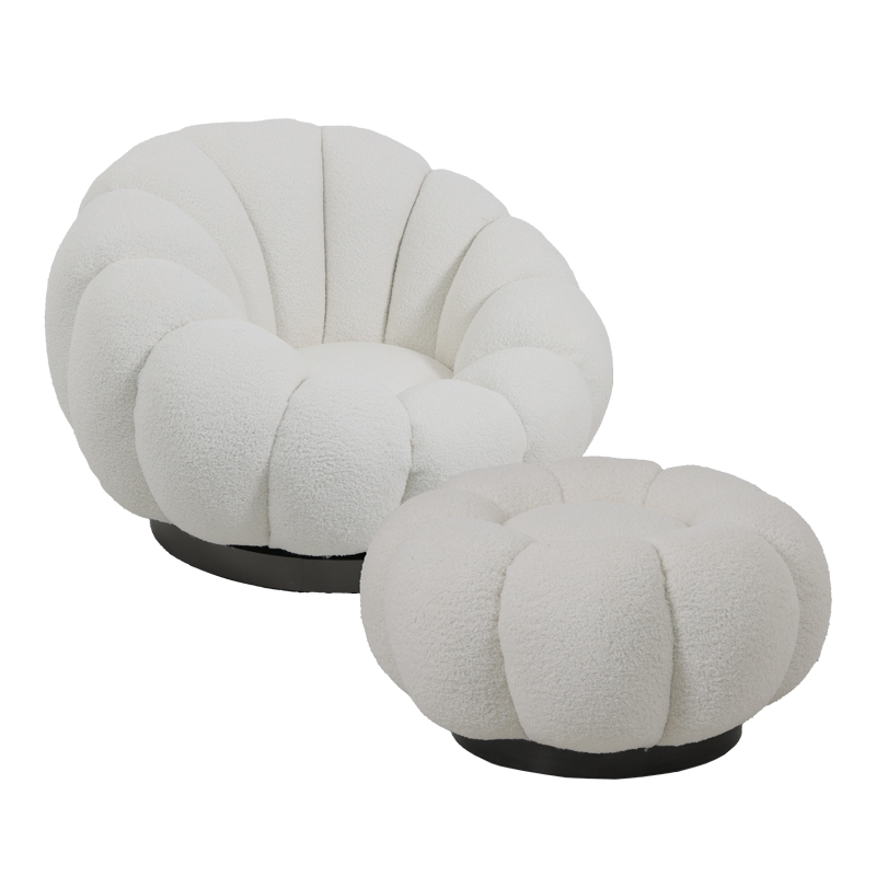 Nester pakoworld swivel armchair with stool boucle fabric in white color 98x97x69cm