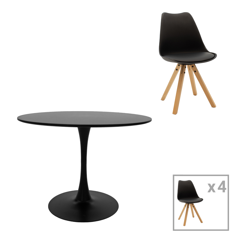 Balou-Caron dining table set of 5 pakoworld MDF and pp in black-natural shade Φ100x75cm