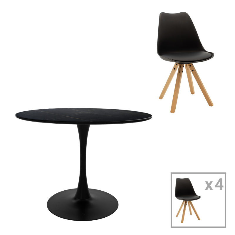 Dining table Balou I-Caron A set of 5 pakoworld MDF and pp in black-natural shade Φ120x75cm