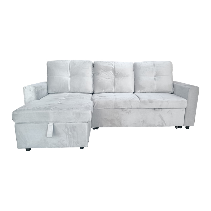 Reversible corner sofa-bed with storage space Felia pakoworld velvet fabric in light gray color 216x133.4x82.6cm