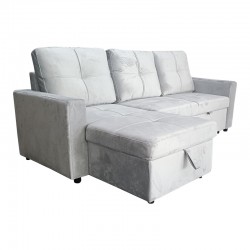 Reversible corner sofa-bed with storage space Felia pakoworld velvet fabric in light gray color 216x133.4x82.6cm