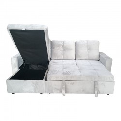 Reversible corner sofa-bed with storage space Felia pakoworld velvet fabric in light gray color 216x133.4x82.6cm