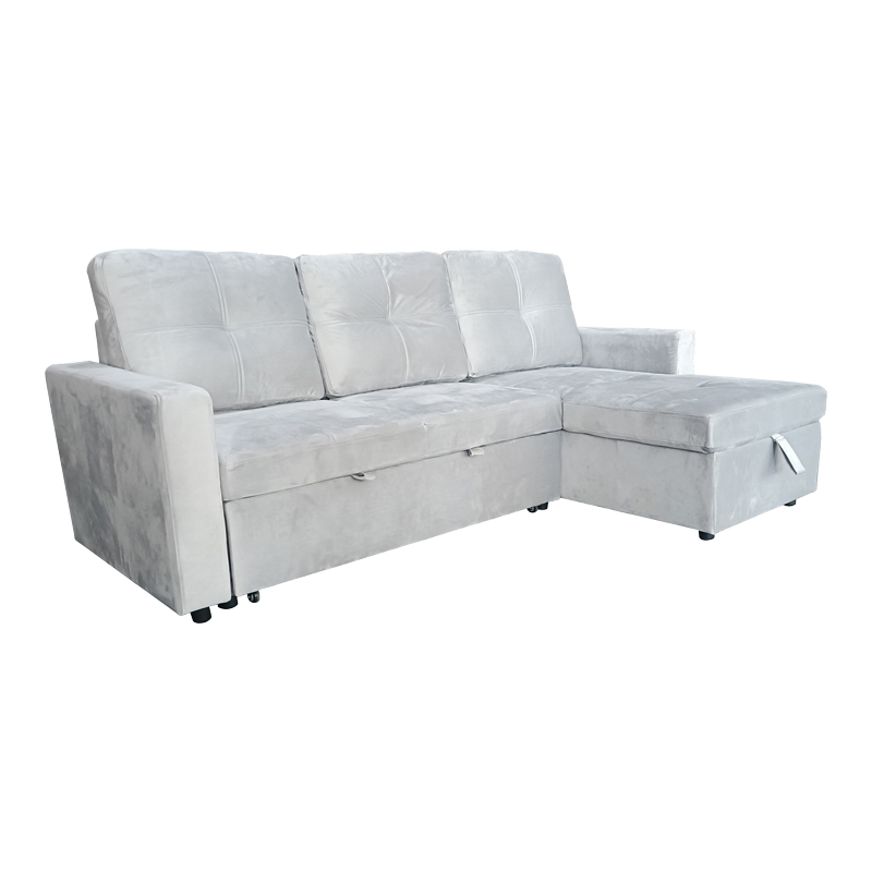 Reversible corner sofa-bed with storage space Felia pakoworld velvet fabric in light gray color 216x133.4x82.6cm