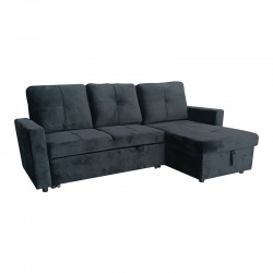 Reversible corner sofa-bed with storage space Felia pakoworld velvet fabric in black color 216x133.4x82.6cm