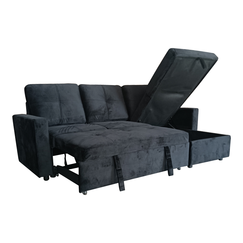 Reversible corner sofa-bed with storage space Felia pakoworld velvet fabric in black color 216x133.4x82.6cm