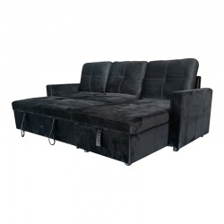 Reversible corner sofa-bed with storage space Felia pakoworld velvet fabric in black color 216x133.4x82.6cm