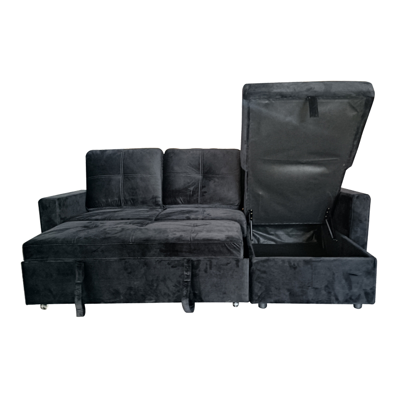 Reversible corner sofa-bed with storage space Felia pakoworld velvet fabric in black color 216x133.4x82.6cm