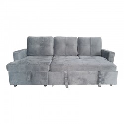 Reversible corner sofa-bed with storage space Felia pakoworld velvet fabric in gray color 216x133.4x82.6cm