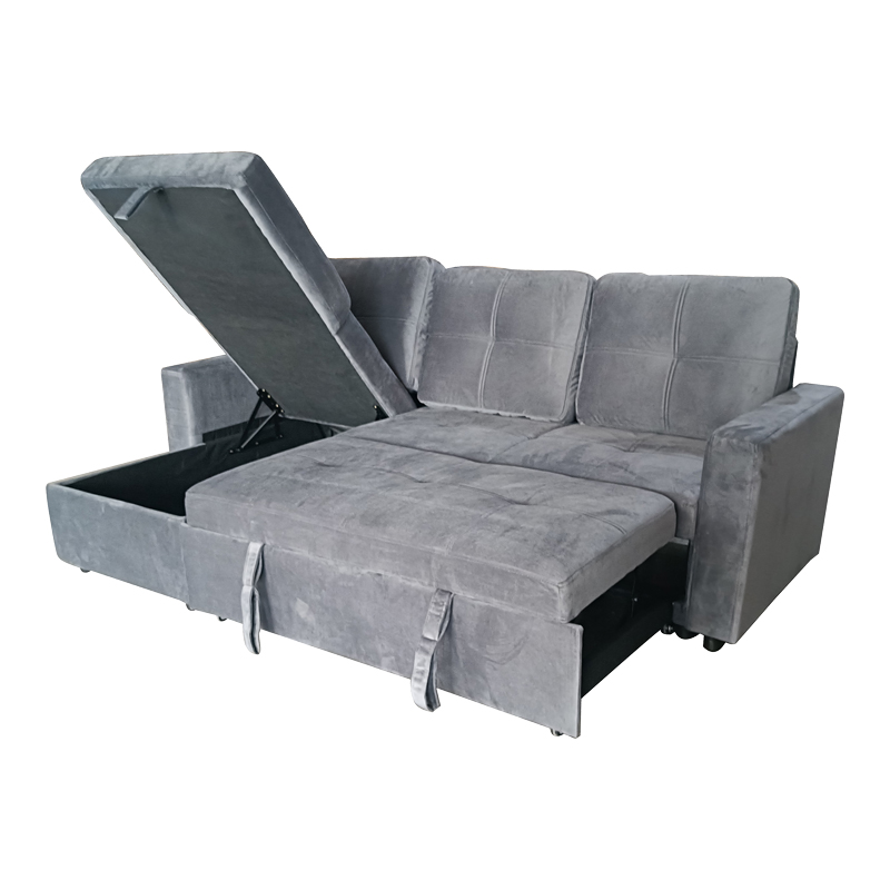 Reversible corner sofa-bed with storage space Felia pakoworld velvet fabric in gray color 216x133.4x82.6cm