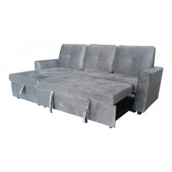 Reversible corner sofa-bed with storage space Felia pakoworld velvet fabric in gray color 216x133.4x82.6cm