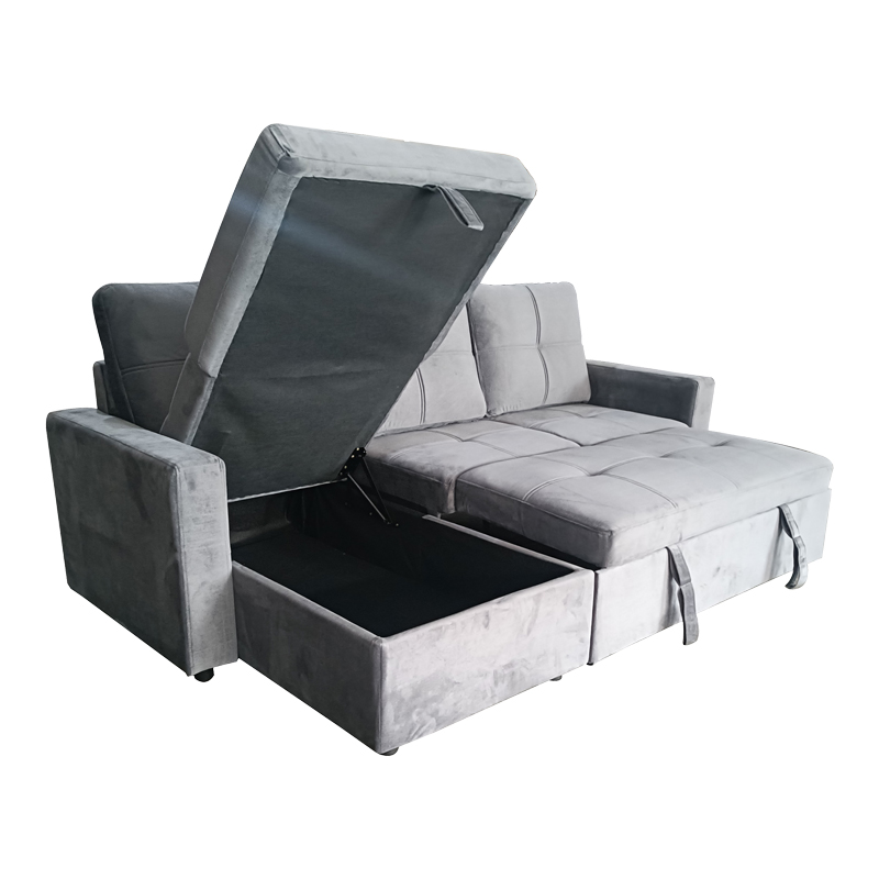 Reversible corner sofa-bed with storage space Felia pakoworld velvet fabric in gray color 216x133.4x82.6cm