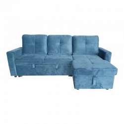 Reversible corner sofa-bed with storage space Felia pakoworld velvet fabric in blue color 216x133.4x82.6cm