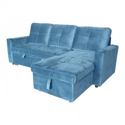 Reversible corner sofa-bed with storage space Felia pakoworld velvet fabric in blue color 216x133.4x82.6cm