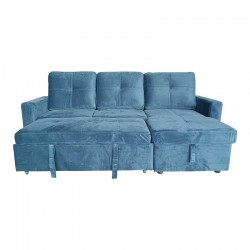 Reversible corner sofa-bed with storage space Felia pakoworld velvet fabric in blue color 216x133.4x82.6cm