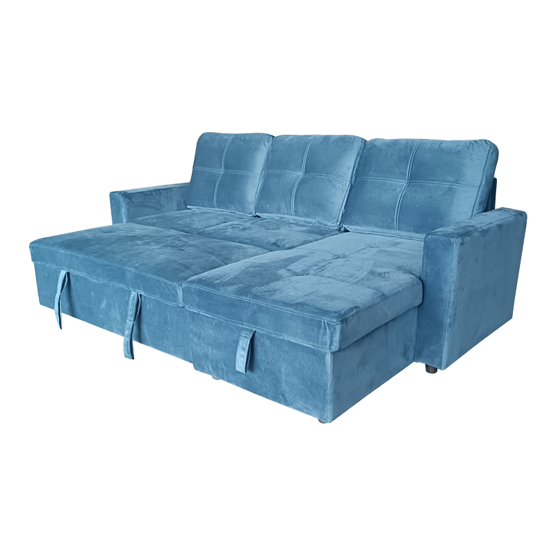 Reversible corner sofa-bed with storage space Felia pakoworld velvet fabric in blue color 216x133.4x82.6cm