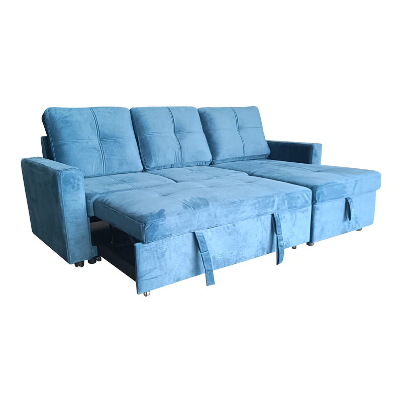 Reversible corner sofa-bed with storage space Felia pakoworld velvet fabric in blue color 216x133.4x82.6cm