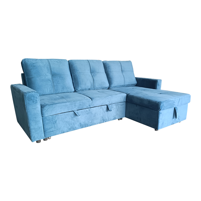 Reversible corner sofa-bed with storage space Felia pakoworld velvet fabric in blue color 216x133.4x82.6cm