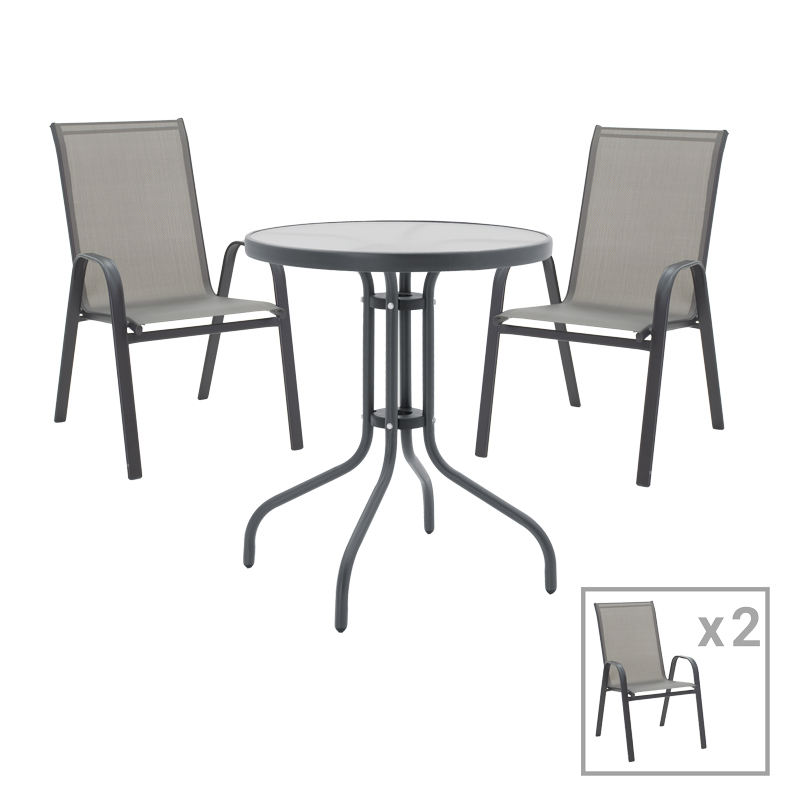Calan-Watson pakoworld dining table set of 3 gray metal and tempered glass D60x70cm