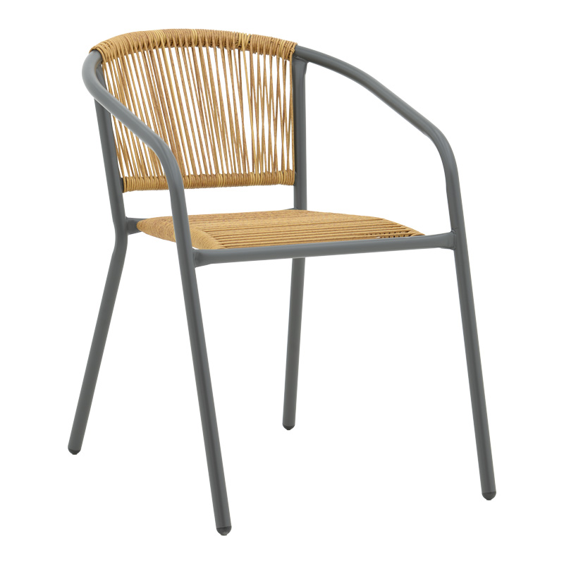 Lindaria pakoworld stackable metal armchair in dark grey color and pe rattan in natural color 54x63x74cm