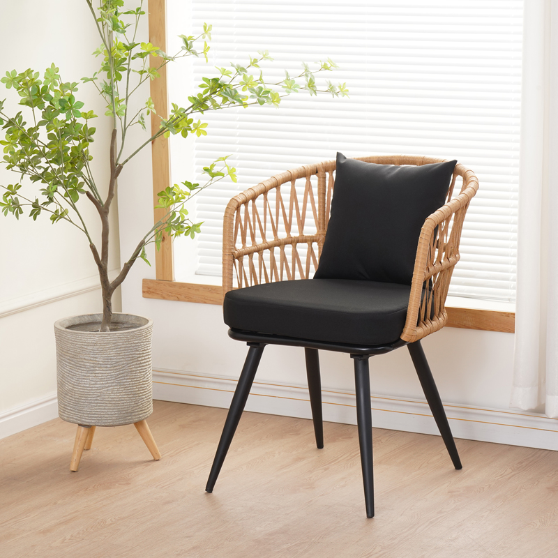 Naoki Pakoworld Armchair pe rattan -metal in Natural Finish with Black Legs/Cushion 62x60x80cm