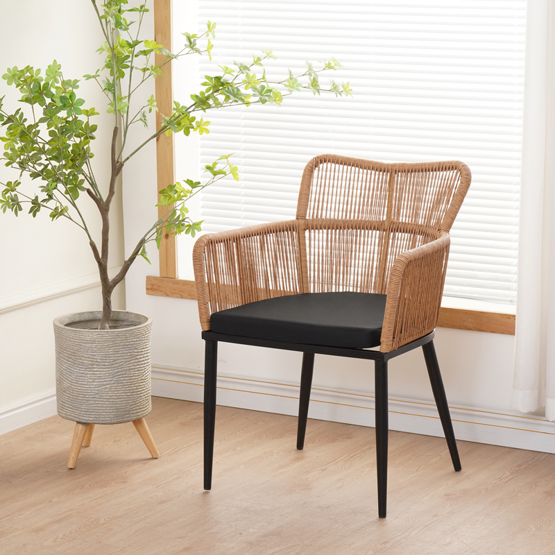 Naoki Pakoworld Armchair pe rattan -metal in Natural Finish with Black Legs/Cushion 59x62.5x78cm