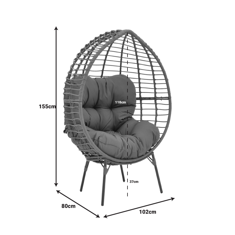 Armchair Nestie pakoworld wicker rattan grey-metal grey legs-grey cushion 99x91x156cm