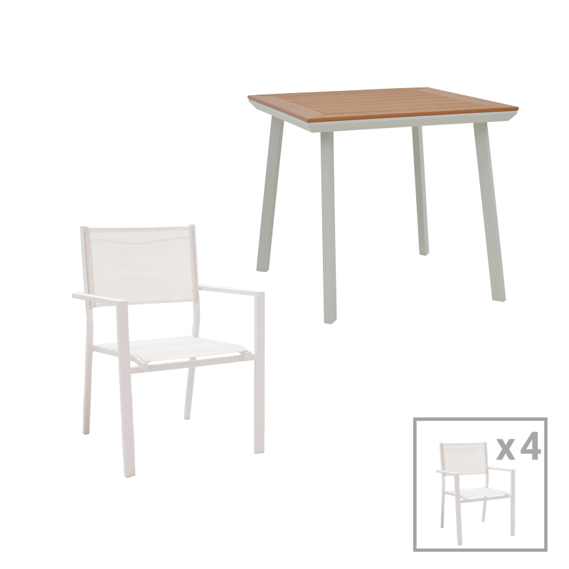 Moly-Synergy dining table set of 5 pakoworld white aluminum and textilene with plywood in natural color 80x80x74cm