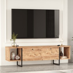 TV cabinet Oly pakoworld black metal and melamine in natural shade 160x14.5x33.1cm