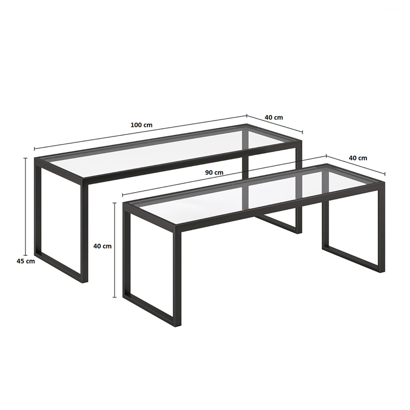 Redro pakoworld coffee table set of 2 black metal-glass 100x40x45cm