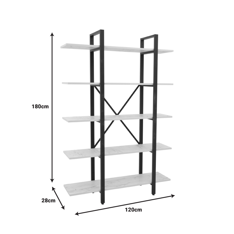 Bookcase Esthon pakoworld melamine in white marble and black metal 120x28x180cm