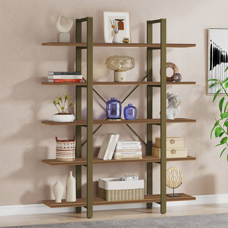 Bookcase Esthon pakoworld in walnut color and gold metal 120x28x180cm