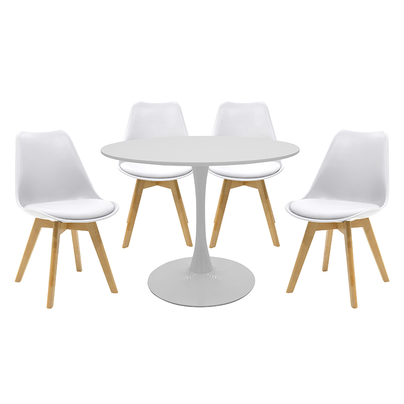 Balou-Gaston dining table set of 5 pakoworld MDF and pp in white-natural shade Φ100x75cm