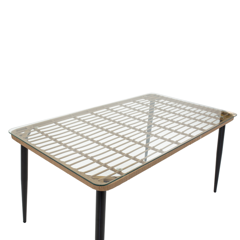 Naoki D pakoworld dining table set of 7 natural rattan-black metal-glass 160x90x78cm