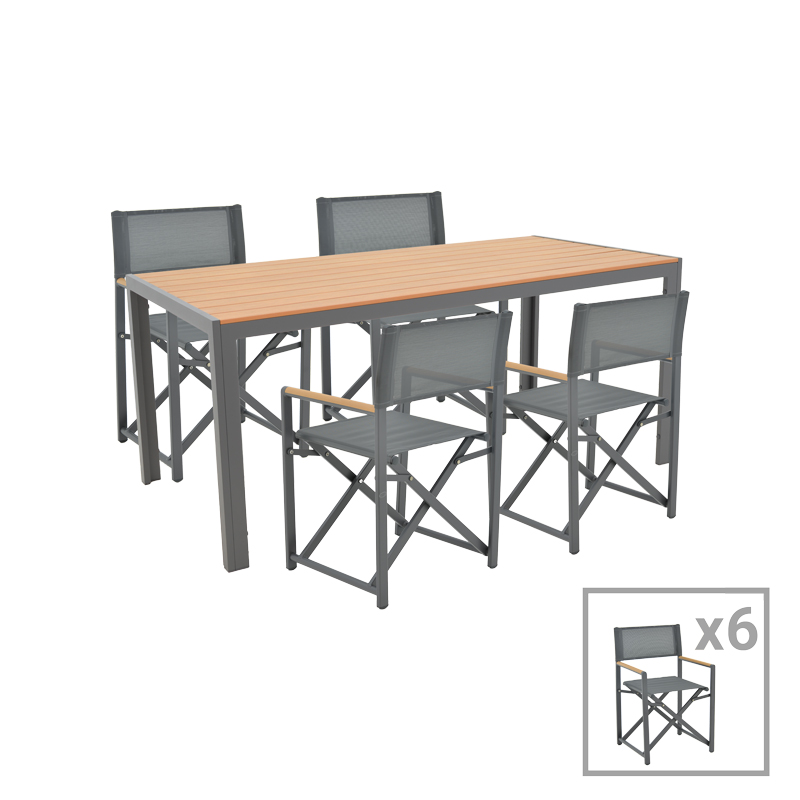 Mabu-Nares dining table set of 7 pakoworld anthracite aluminum and plywood in natural color 180x90x72.5cm