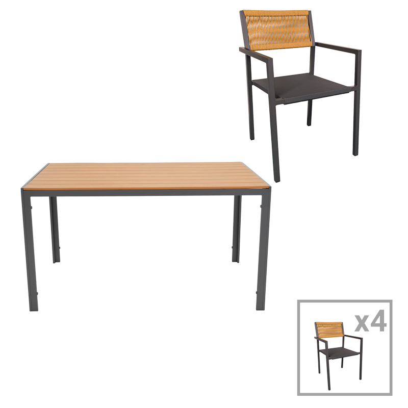 Dining table Savor-Nares set of 5 pakoworld anthracite aluminum and plywood-rattan in natural color 140x80x72.5cm