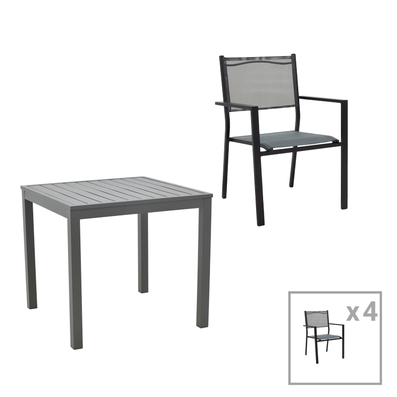 Dining table Moly - Kliton set of 5 pakoworld anthracite and black aluminium-textilene in anthracite shade 80x80x74cm