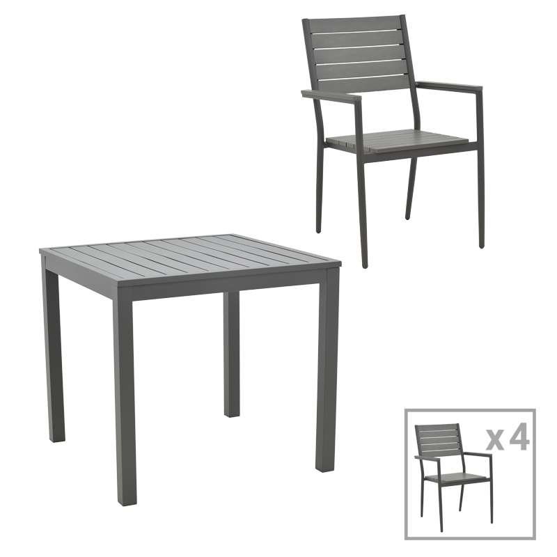 Dining table Uplift-Kliton set of 5 pakoworld anthracite aluminum and gray plywood 80x80x74cm