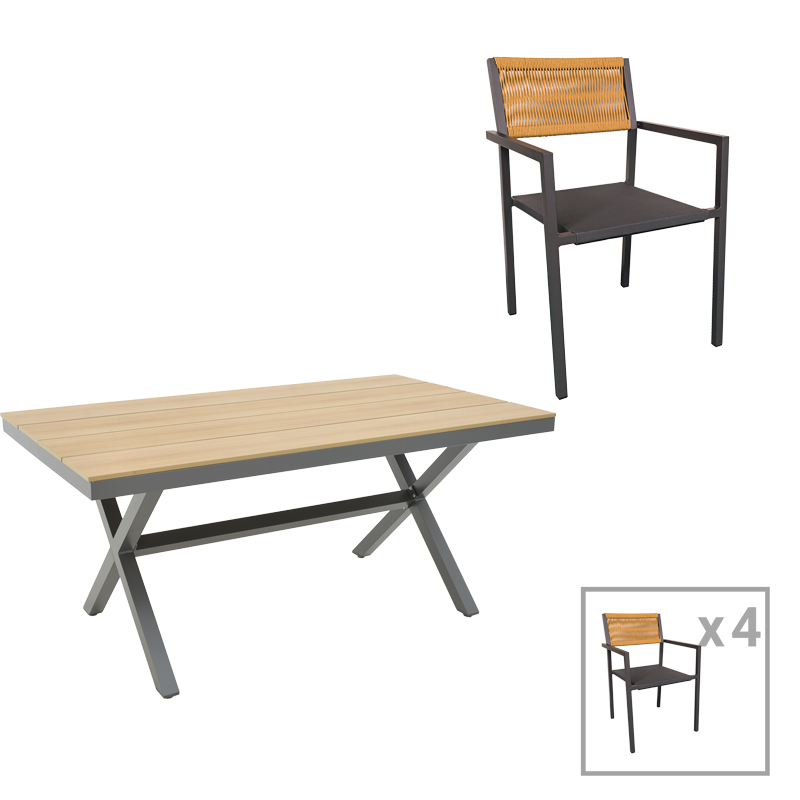 Thorio-Savor dining table set of 5 pakoworld anthracite aluminum and plywood in a natural shade 160x90x75cm