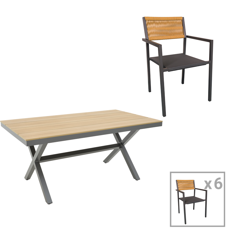 Thorio-Savor dining table set of 7 pakoworld anthracite aluminum and plywood in a natural shade 160x90x75cm