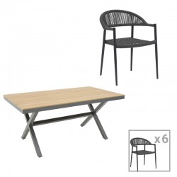 Dining table Thorio- Freiburg set of 7 pakoworld anthracite aluminum and plywood in natural shade 160x90x75cm