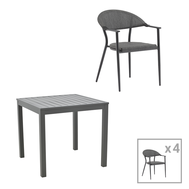 Dining table Kliton-Pino set of 5 pakoworld aluminum in anthracite and black shade 80x80x74cm