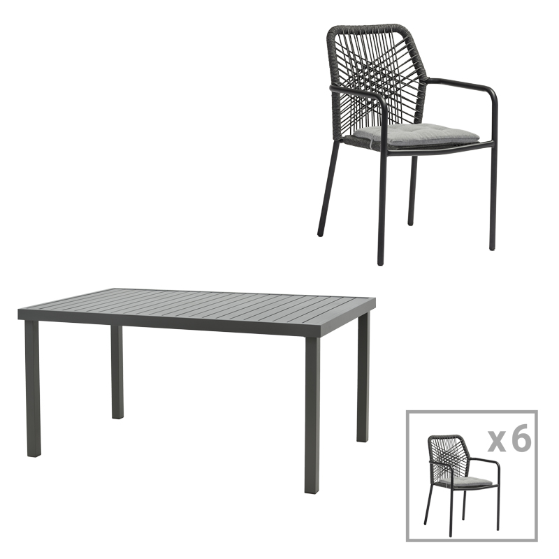 Kherson-Kliton dining table A set of 7 pakoworld aluminum and rope in anthracite shade 150x80x74cm
