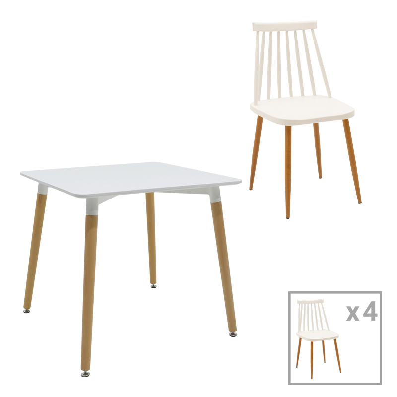 Aurora-Natali pakoworld dining table set of 5 pp-mdf in white-natural color 80x80x76cm