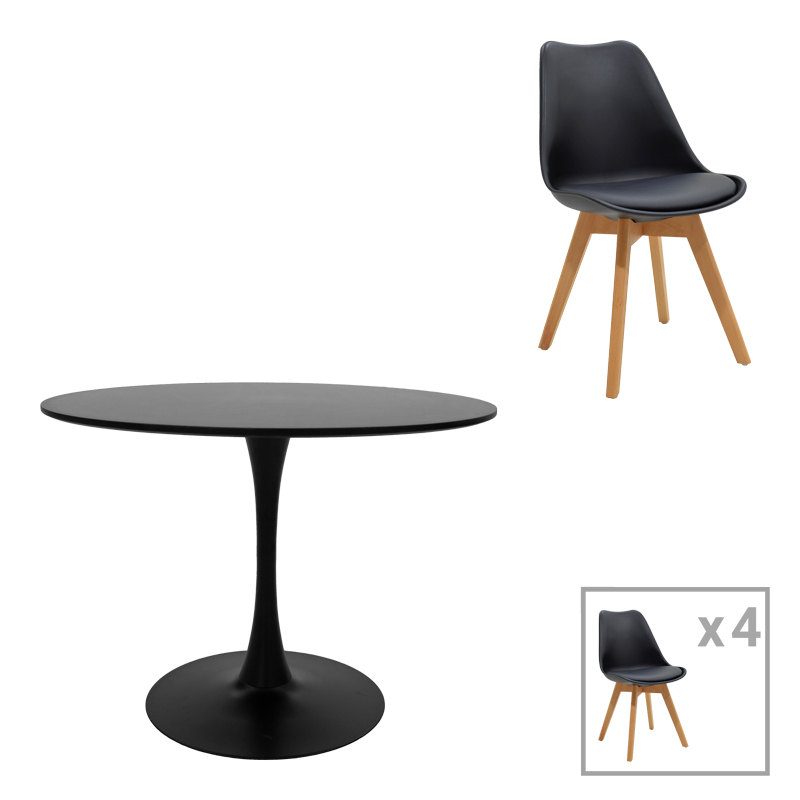 Gaston-Balou pakoworld dining table set of 5 pp-mdf in black-natural color D100x75cm